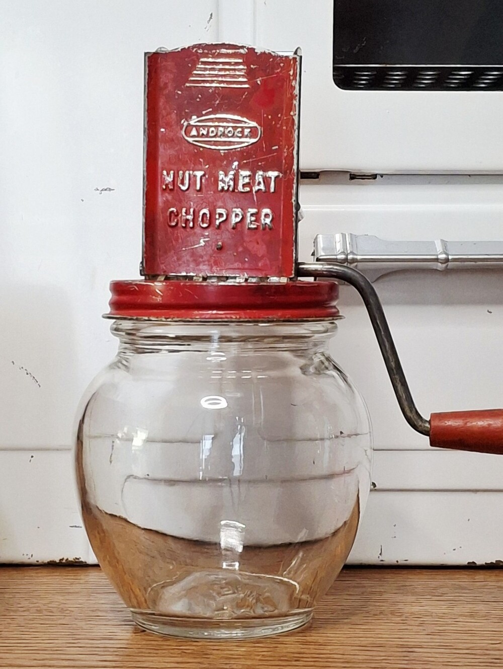 Vintage Red Androck Hazel Atlas Nut Meat Chopper Kitchen Collectible USA